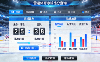 雷速体育全新冰球比分查询系统界面展示，显示实时比分和数据统计功能